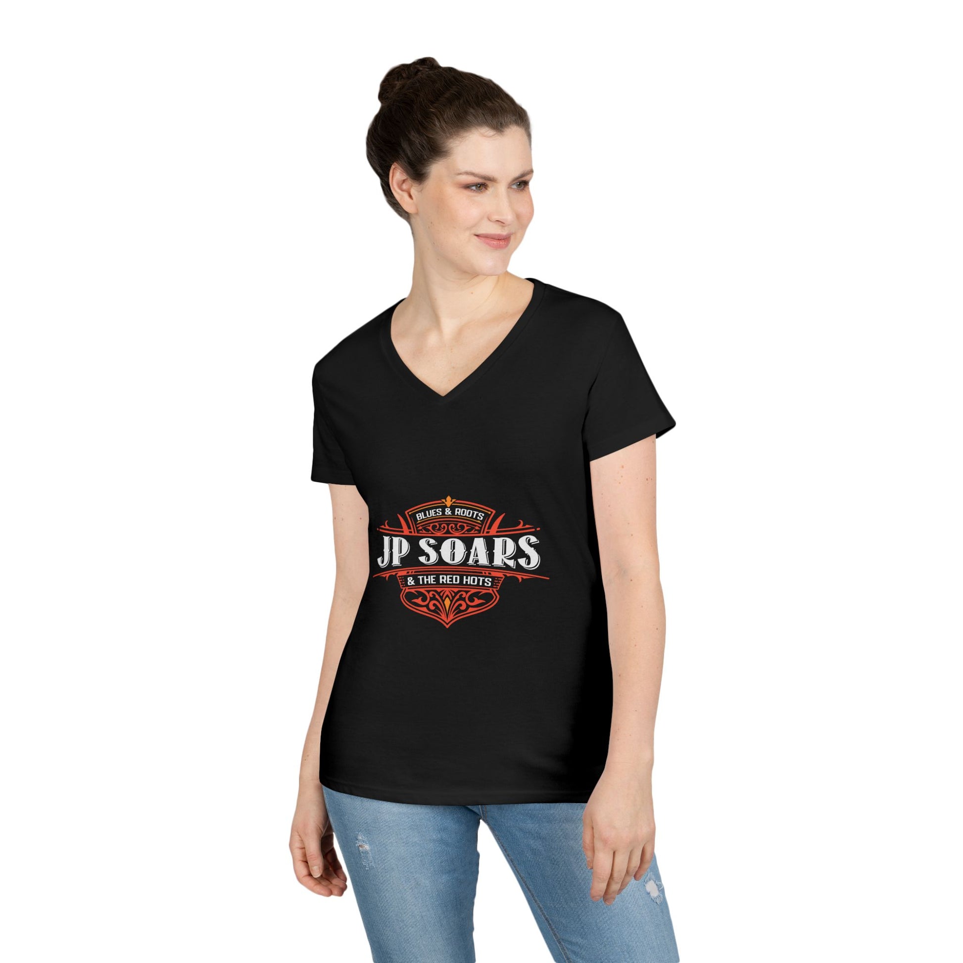 JP Soars Crest Women's V-Neck Cotton Band Tee Dark Colors