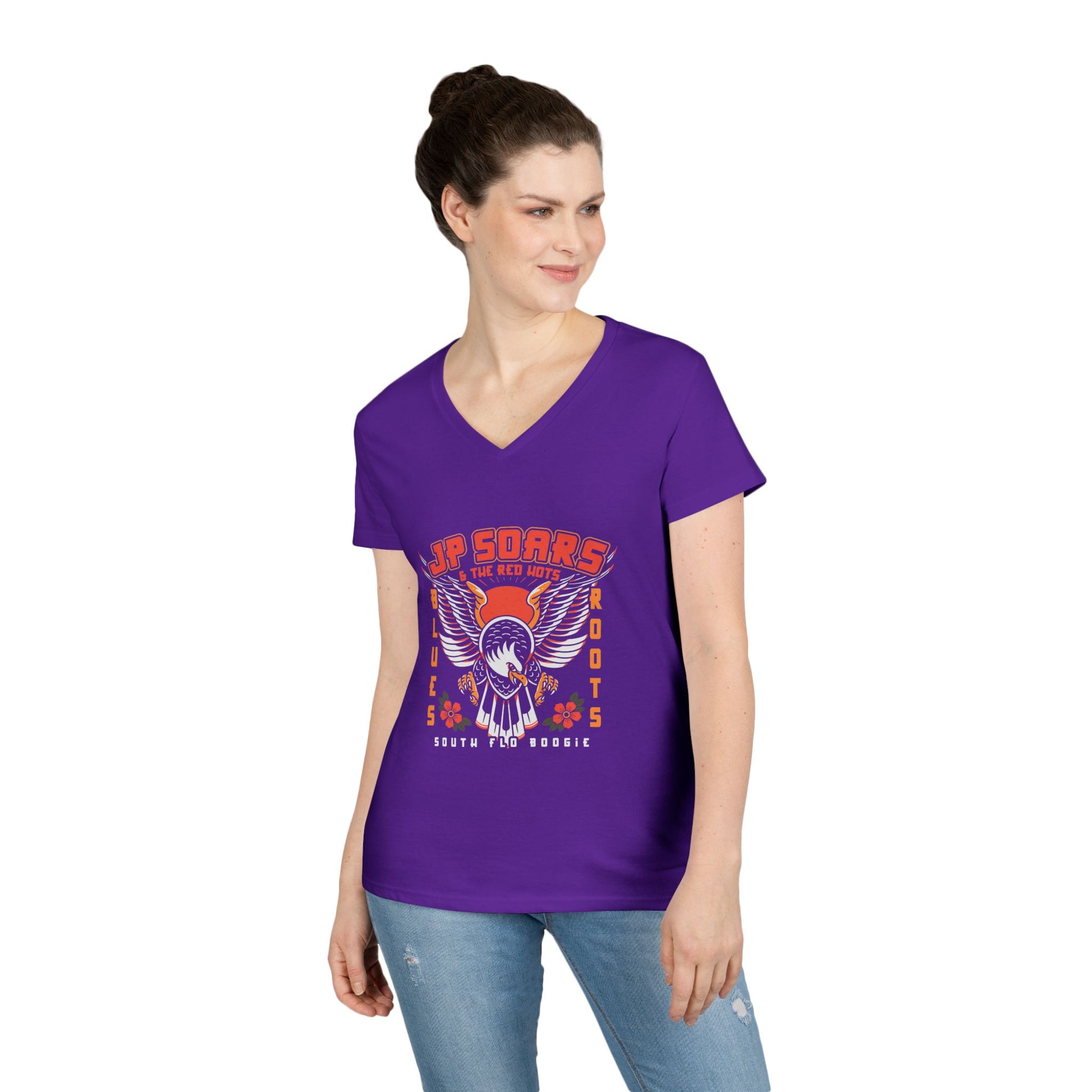 JP Soars Eagle Women's V-Neck  Cotton Band Tee Dark Colors