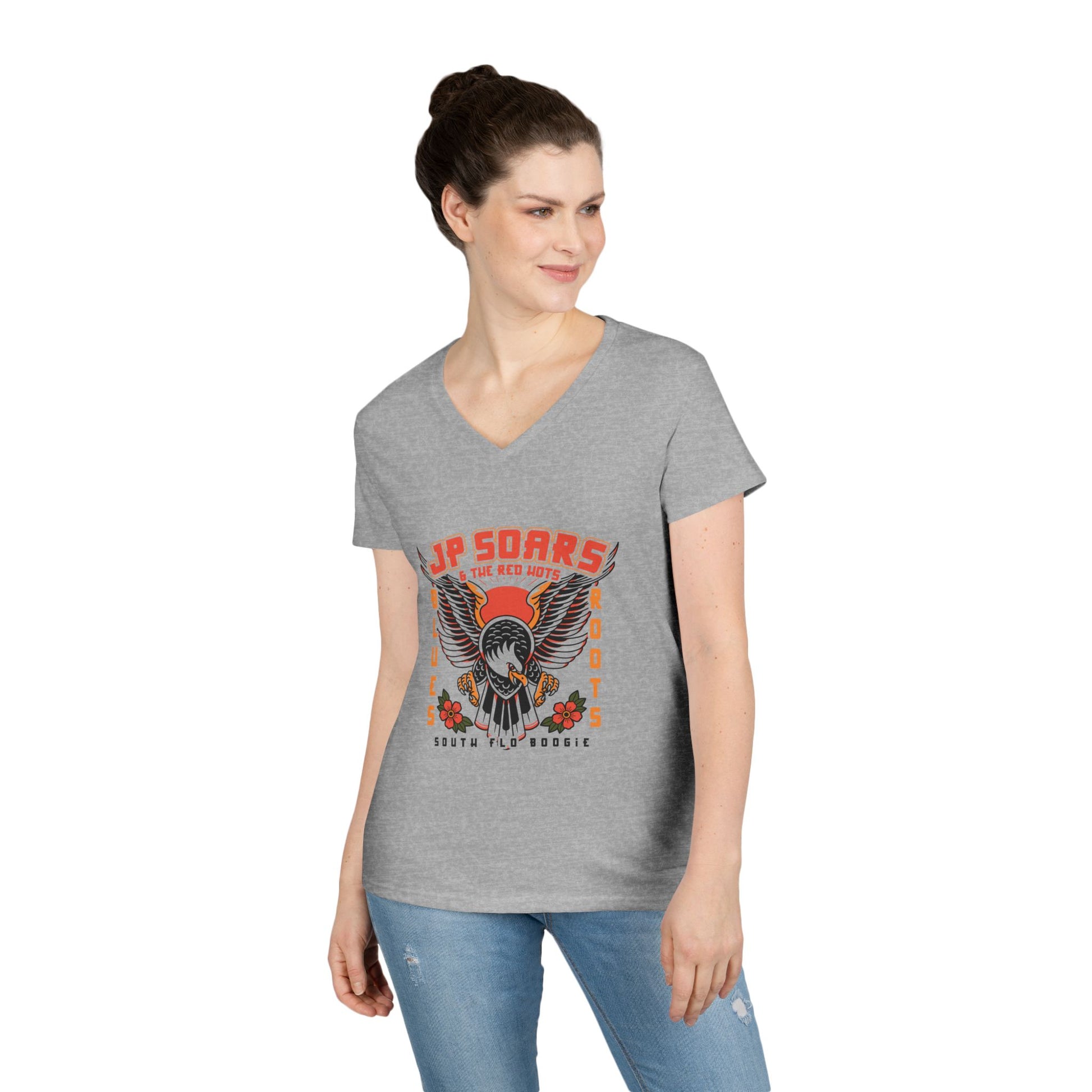 JP Soars Eagle Women's V-Neck Cotton Band Tee Light Colors