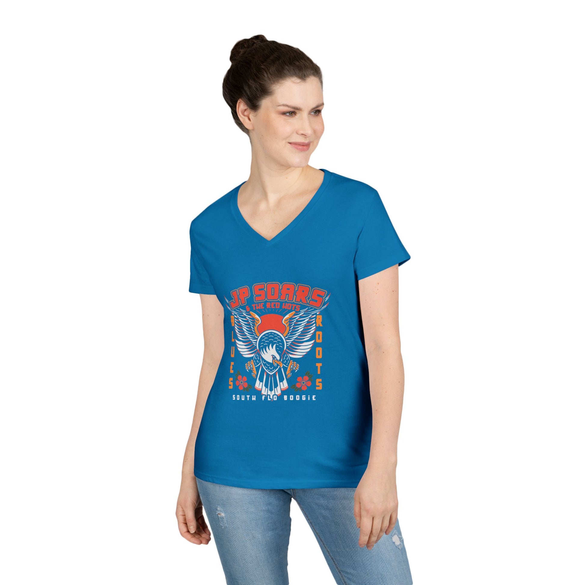JP Soars Eagle Women's V-Neck  Cotton Band Tee Dark Colors