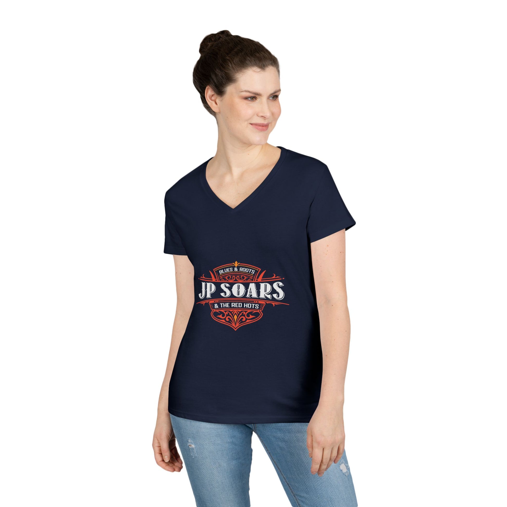 JP Soars Crest Women's V-Neck Cotton Band Tee Dark Colors