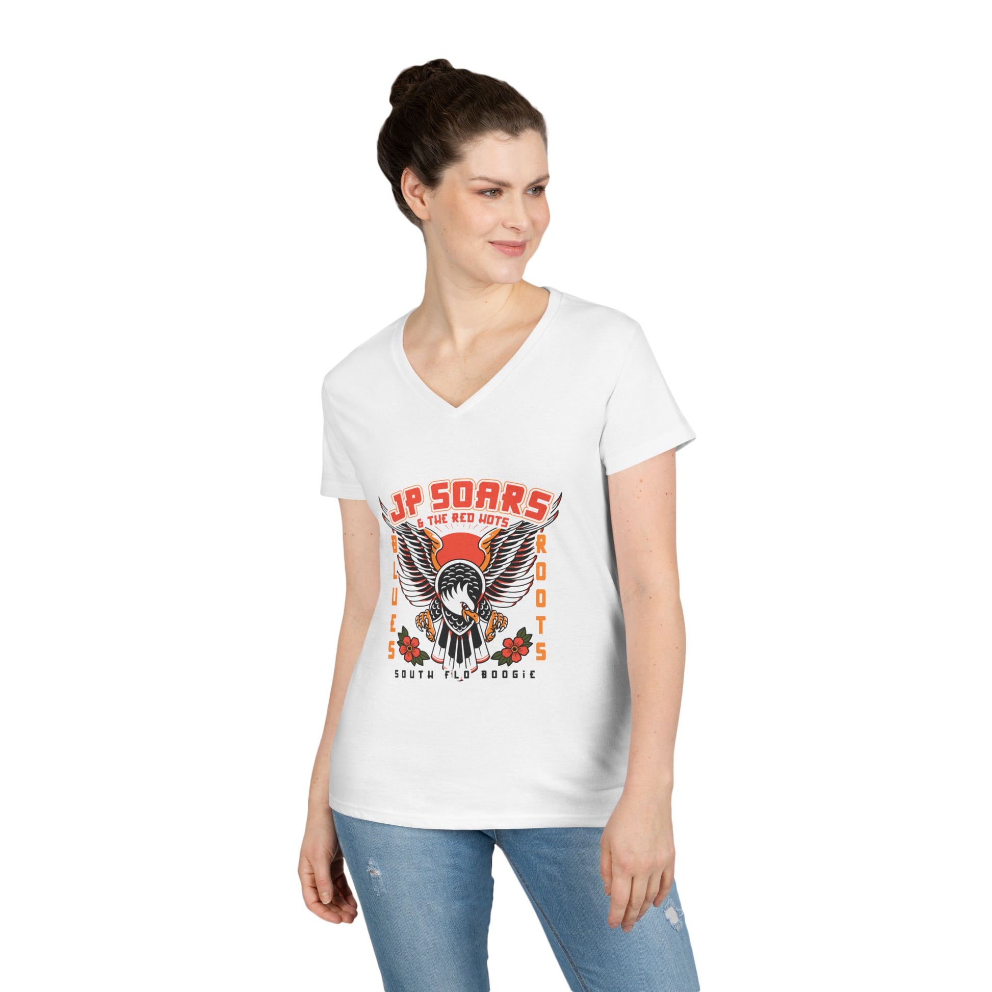 JP Soars Eagle Women's V-Neck Cotton Band Tee Light Colors