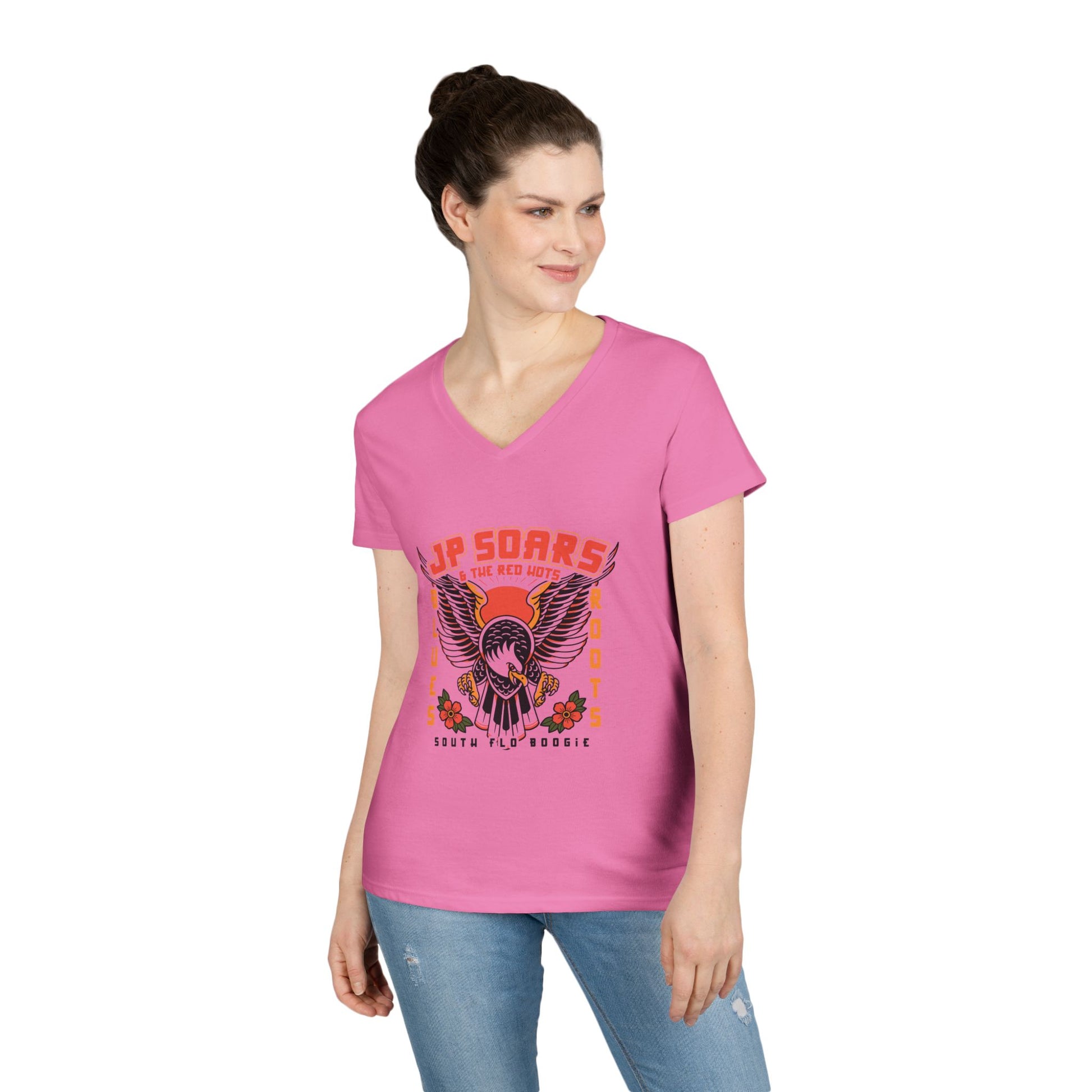 JP Soars Eagle Women's V-Neck Cotton Band Tee Light Colors