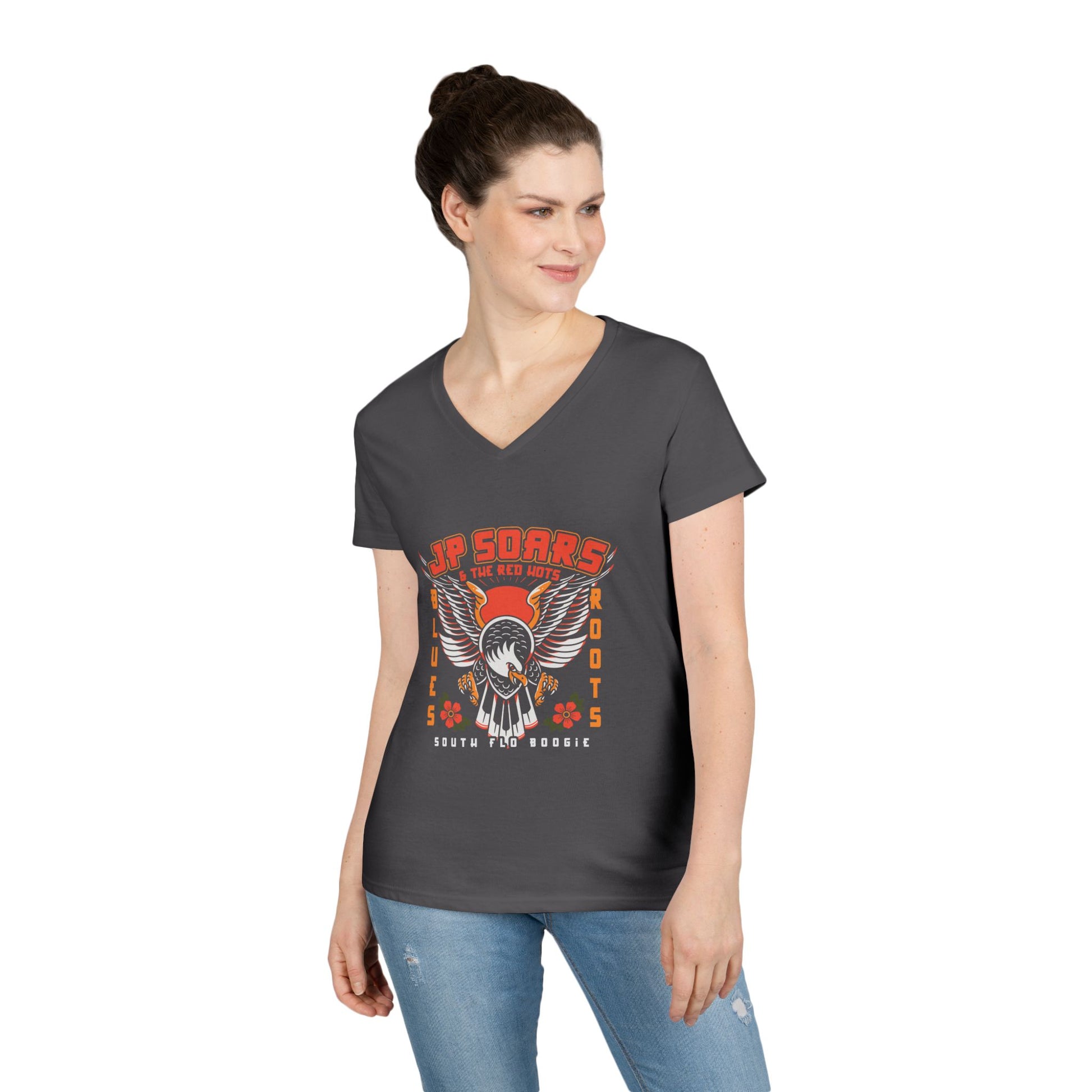 JP Soars Eagle Women's V-Neck  Cotton Band Tee Dark Colors