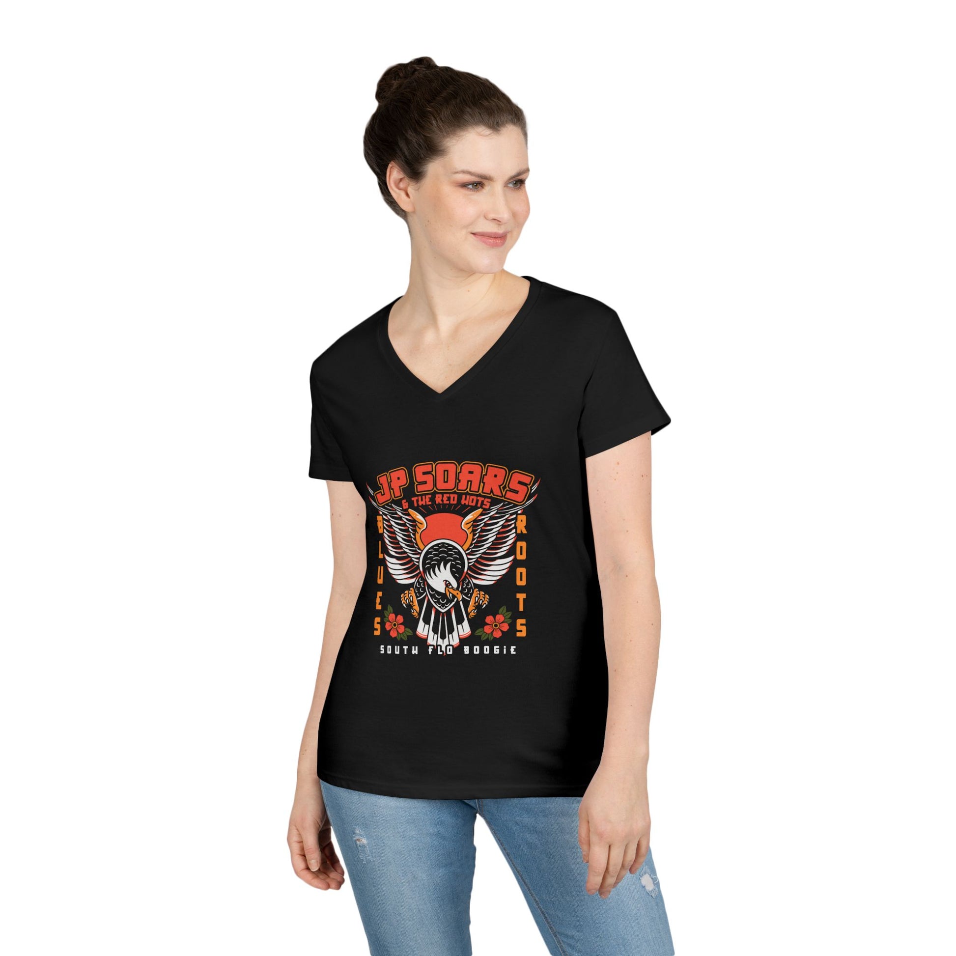 JP Soars Eagle Women's V-Neck  Cotton Band Tee Dark Colors