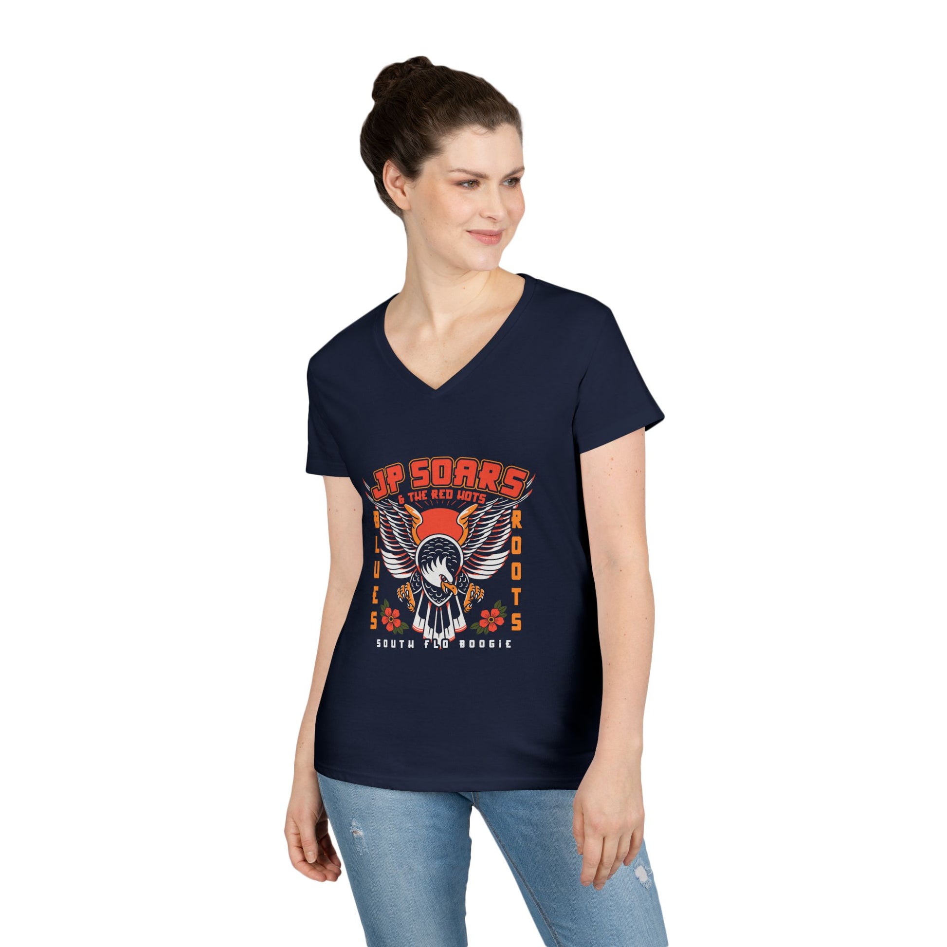 JP Soars Eagle Women's V-Neck  Cotton Band Tee Dark Colors